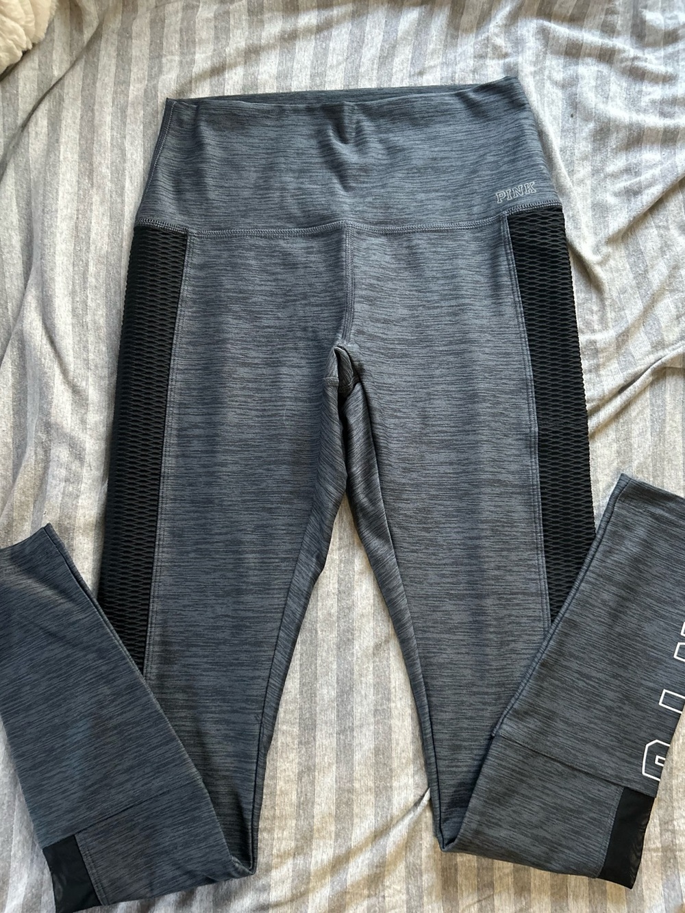 PINK Victoria's Secret Gray Heather Performance Leggings with Black Mesh Panels
